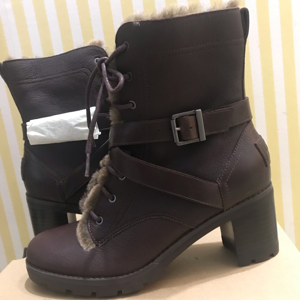 UGG Women’s Brown Leather Ingrid Boot with Fur Lining